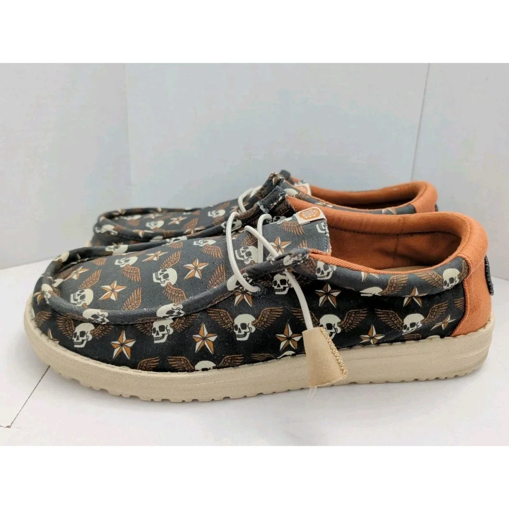Hey Dude Wally Shoes Stars N Skulls Print Black Men Sz 10 Comfort Slip On